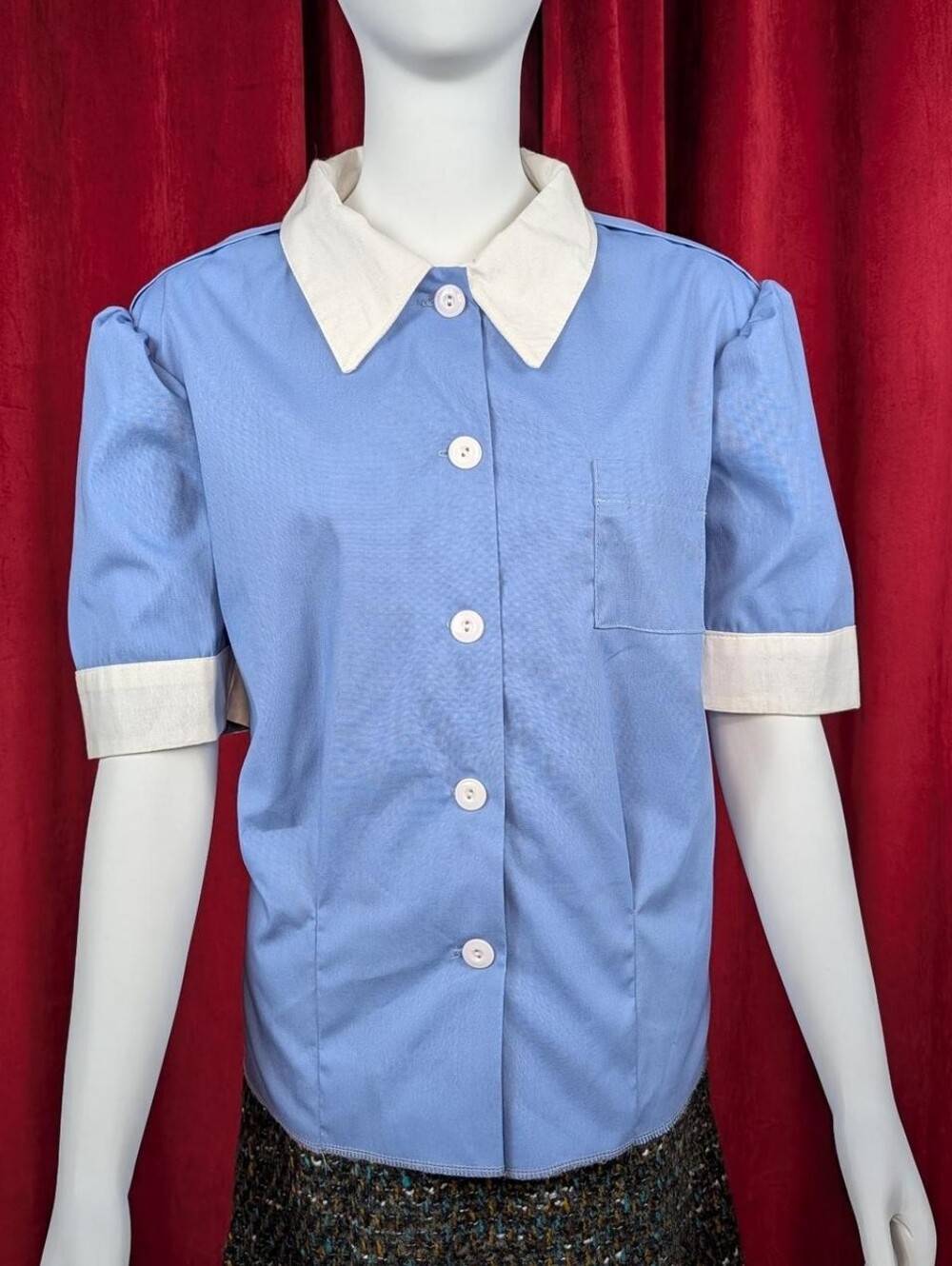 One of a Kind Handmade Blue & White Short Sleeve Button Up Collared Blouse